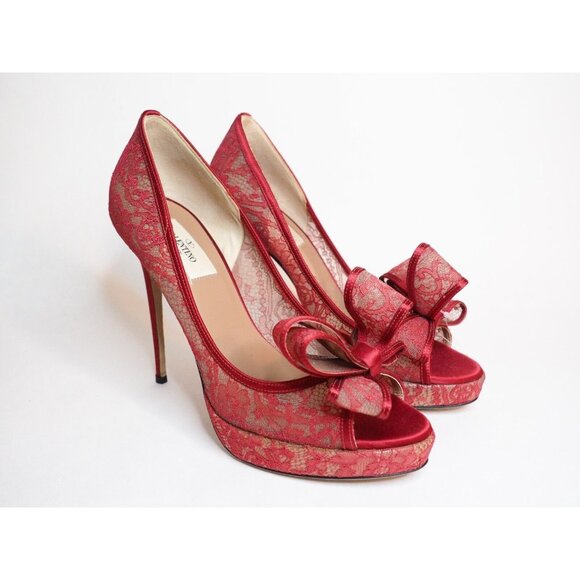 Valentino Red Lace Platform Bow Stiletto Heels $895, Size (US